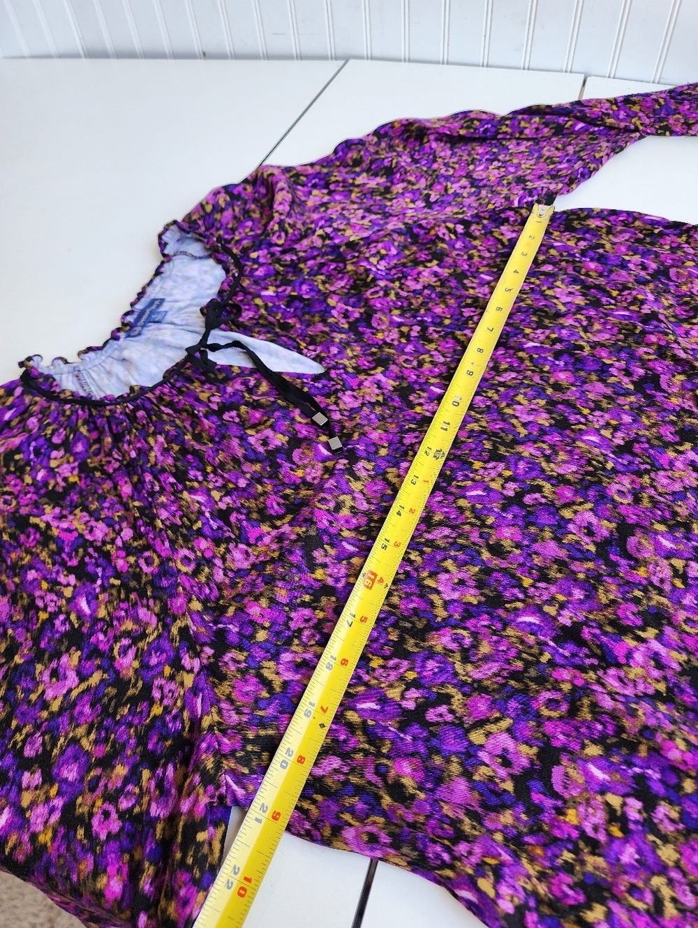 Democracy Womens Ruffle Edge V-Neck Floral Print Woven Long Sleeve Top Purple  L - Picture 10 of 16